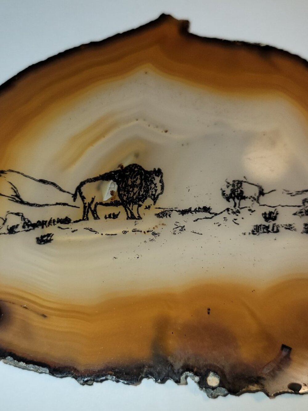 Vintage Hand Painted Agate Slab Buffalo Bison Scene Lapidary Art Rustic Decor